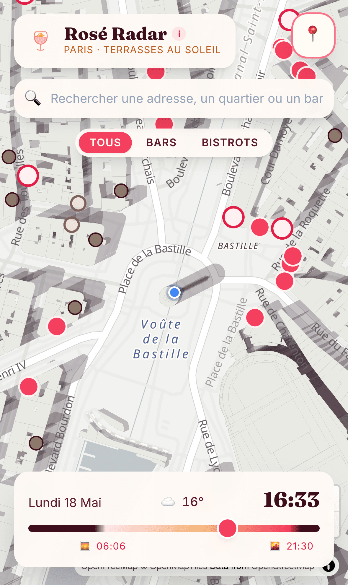 Rosé Radar — vue d'ensemble de la carte sur mobile à 17 h