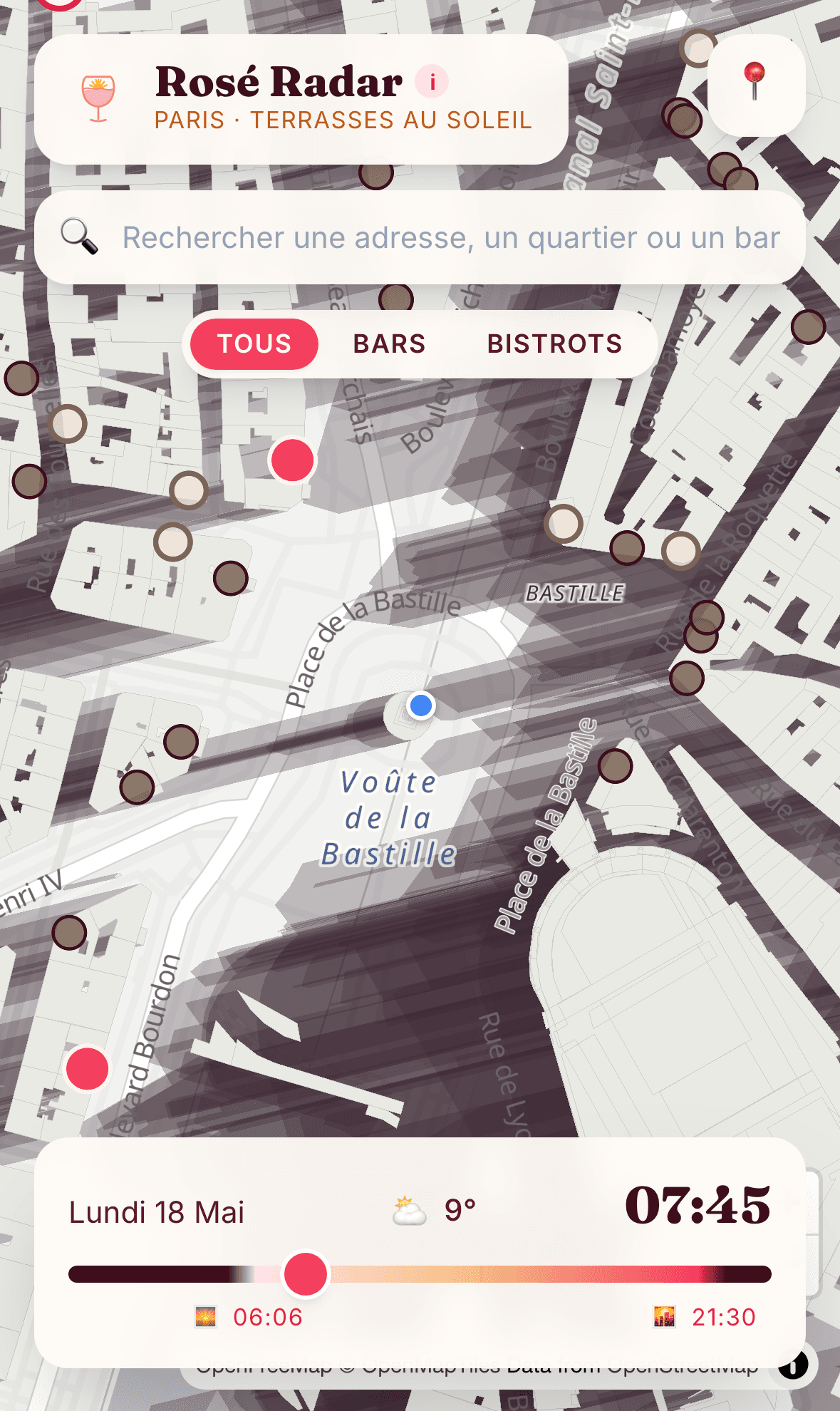 Rosé Radar — même vue le matin à 8 h 45, ombres marquées