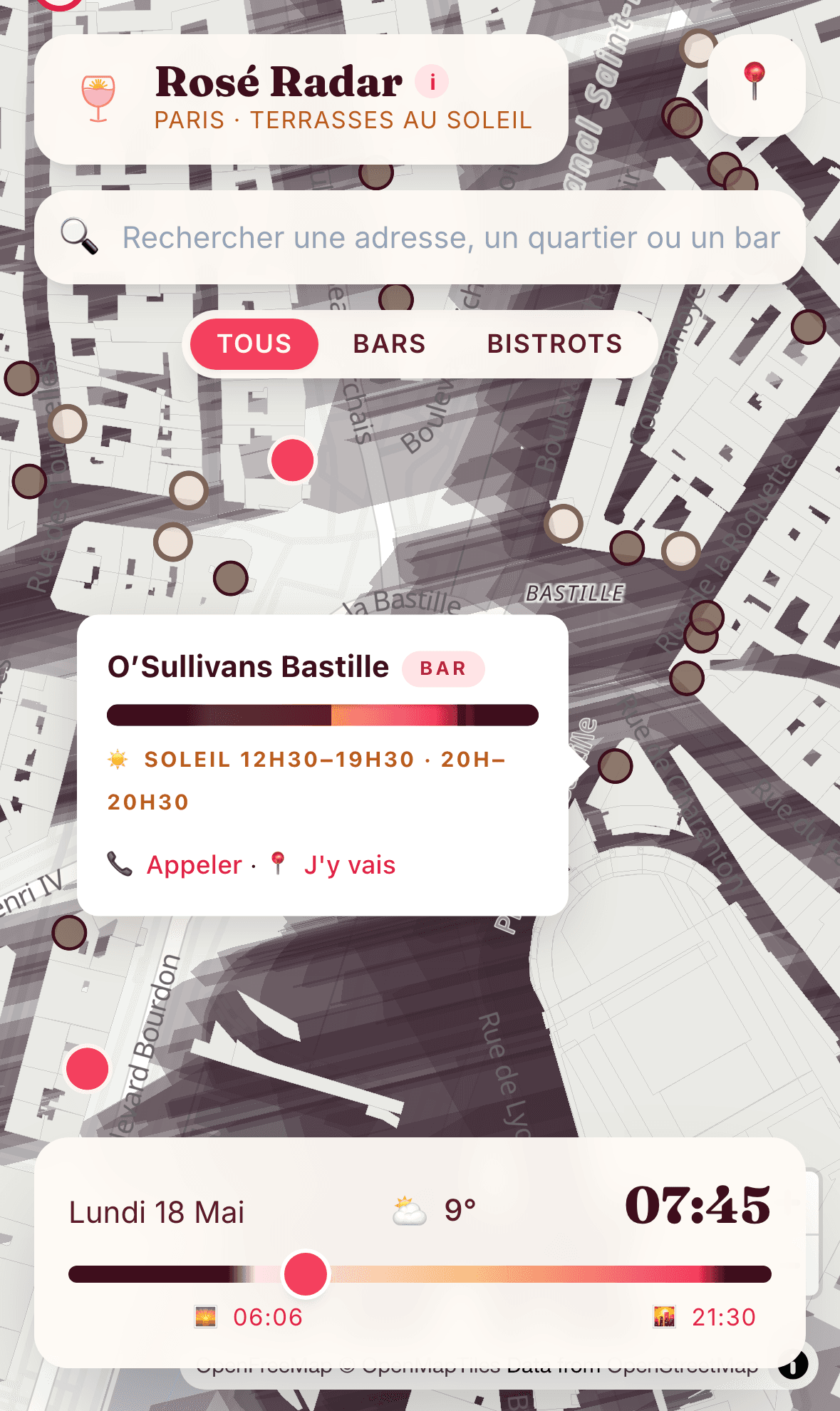 Rosé Radar — fiche détaillée d'un bar avec courbe d'ensoleillement